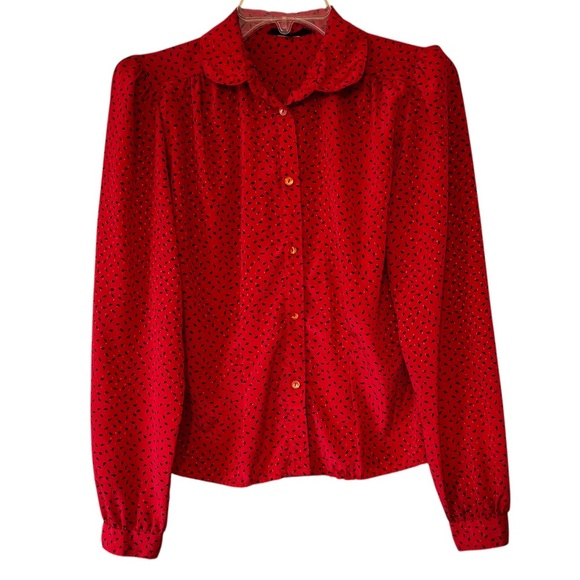Vintage Red Polka Dot Peter Pan Collar Button Down Blouse Sz Medium - Picture 1 of 10